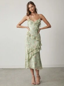 Enchnt Women Floral Print Ruffle Trim Spaghetti Strap Dress,Sweet&Elegant Outfit For Valentine's Day&Christmas Party&New Years&Birthday&Holiday &Sweet Date Night,Sage Green Dress