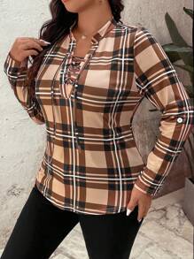 Calvaya 大码V领格子复古风长袖T恤，商务休闲女装，春秋季上衣 - 杏色 - 查看 7