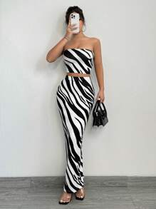 SHEIN SXY 2pcs Women Summer Fashionable Zebra Print Tube Top And Bodycon Skirt Set