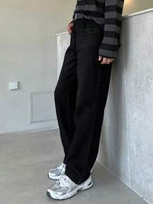 DAZY Men's Solid Color Pocket Simple Casual Denim Jeans, Autumn - Black - View 6