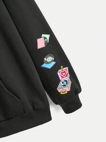The Powerpuff Girls | ROMWE 女士休闲卡通字母印花插肩袖宽松抽绳连帽拉链运动衫，春秋季，校园 - 黑色 - 查看 3
