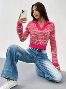 Chiquease Langarm V-Ausschnitt Pullover, Lässig Alltag, Strick Pullover Herbst Winter - Heißes Pink - Übersicht 4