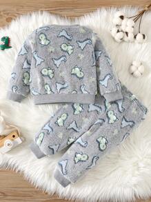 SHEIN 男婴可爱恐龙图案羊毛圆领长袖睡衣套装，秋冬 - 深灰色 - 查看 2