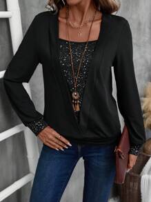 EMERY ROSE Women's Sparkly Printed Long Sleeve Crew Neck Sweatshirt, Spring And Autumn Fall Sweatshirts Fall Women Clothes - Black - View 5