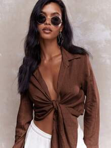 MISSGUIDED 系结细节亚麻长袖短款衬衫 - 棕色 - 查看 3