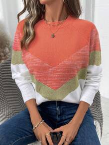 SHEIN LUNE Women's Casual Color Block Dolman Sleeve Sweater, Spring Autumn Knit Pullover Fall Winter Outfit