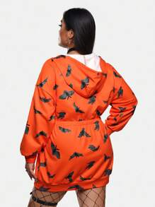 Warp Atelie Plus Size Artist Women's Y2K Halloween Bat Print Drop Shoulder Hoodie Sweatshirt, For Holiday, Festival, Workout, Western Wear