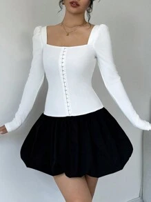 Chiquease Summer Elegant Low Waist Contrast Color Block Long Sleeve Dress - Black and White - View 4