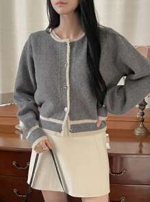 DAZY 女士撞色饰边纽扣前襟休闲针织毛衣、长袖上衣、秋季女装