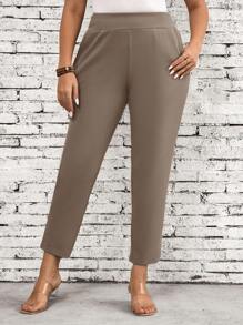 SHEIN LUNE Plus Size Women's Casual Commuter Pants - Mocha Brown - View 3