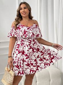 SHEIN VCAY Plus Size Ruffle Spaghetti Strap Floral Allover Print Ruffle Hem Vacation Casual Dress - Burgundy - View 7