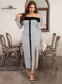 SHEIN LUNE Plus Size Off Shoulder Striped Long Sleeve Button Front Split Dress, Casual Wear