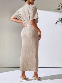 SHEIN Clasi 女士简约素色 V 领日常连衣裙长款女装 - 卡其色 - 查看 2