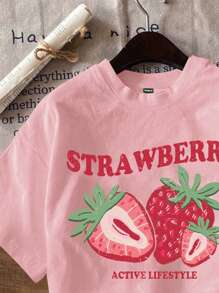 SHEIN EZwear 女士休闲草莓印花宽松圆领短袖 T 恤，适合夏季 - 粉色 - 查看 3