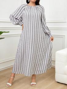 Mulvari Robe ample décontractée à manches longues raglan, col rond, à rayures, pour femmes en grande taille, printemps et été