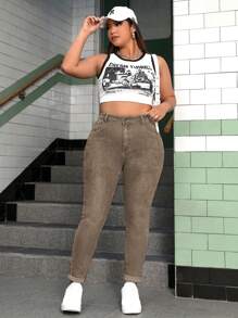 SHEIN ICON 加大码深色水洗猫爪高弹紧身牛仔裤女夏季服装节日服装休闲牛仔裤 - 棕色 - 查看 5