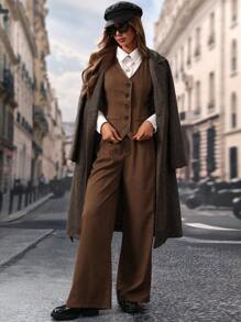 SHEIN X Angie Costa Chiquease Women's Solid Color V-Neck Single-Breasted Vest And Pants Casual Suit, Spring Summer - Brown - View 8