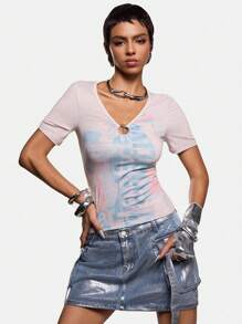 VRSO Artist Casual Print Distressed Crop Fitted Women Top Y2K Style,For Summer, Holiday, Going Out, Festival, Western Wear