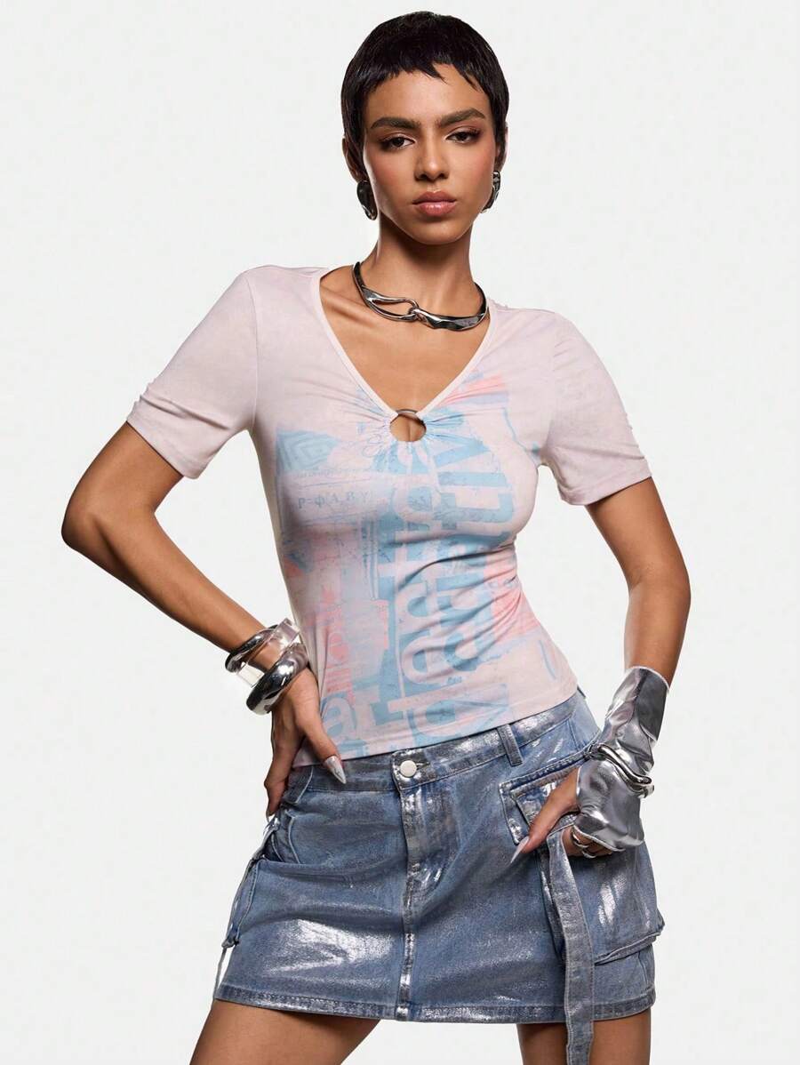 VRSO Artist Casual Print Distressed Crop Fitted Women Top Y2K Style,For Summer, Holiday, Going Out, Festival, Western Wear