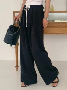 DAZY 女式撞色缝线腰带长裤 - 黑與白 - 查看 4