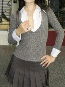 SHEIN Essnce Women's College Style Spliced Polo Shirt Long Sleeve Tee, Teacher's Wear T-Shirt - Grey - View 6