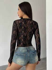 SHEIN Unity 女士春夏长袖时尚修身黑色蕾丝系带上衣 - 黑色 - 查看 2