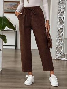 EMERY ROSE 女式休闲松紧腰灯芯绒直筒裤，秋季 - 咖啡棕 - 查看 5