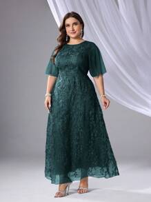 SHEIN Belle Plus Size Women Embroidered Decor Round Neck Short Sleeve Mesh Bridesmaid Dress - Dark Green - View 8