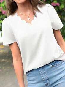 SHEIN Clasi Áo Sơ Mi Nữ Ngắn Tay Đơn Giản Màu Trơn Có Cổ Viền Vỏ - trắng - Xem 3