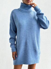 EURMUSE Gola Alta Ombro Caído Vestido De Tricô - Azul - Ver 5