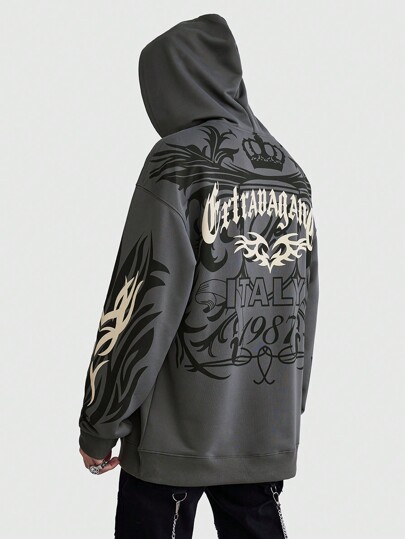 Street Life Men Watermark + Foaming Print Pattern Loose Fit Hoodie Sweatshirt, Vintage Streetwear (Reinforced Collar, Hem And Shoulder Seams To Prevent Deformation)