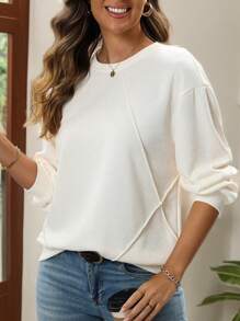 SHEIN LUNE Women Sweatshirts Crew Neck Sweatshirt Winter Tops Fall Clothes Work Women Tops Long Sleeves Woman Fall Tops - White - View 1