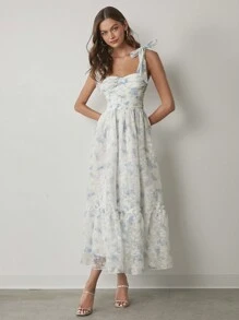 Enchnt Autumn Dress, Romantic Women's Strap Bow Design, Pleated Slim Fit, Elegant And Gentle Ruffled Flower Dress, Vacation Date Dress, - Blue and White - View 2