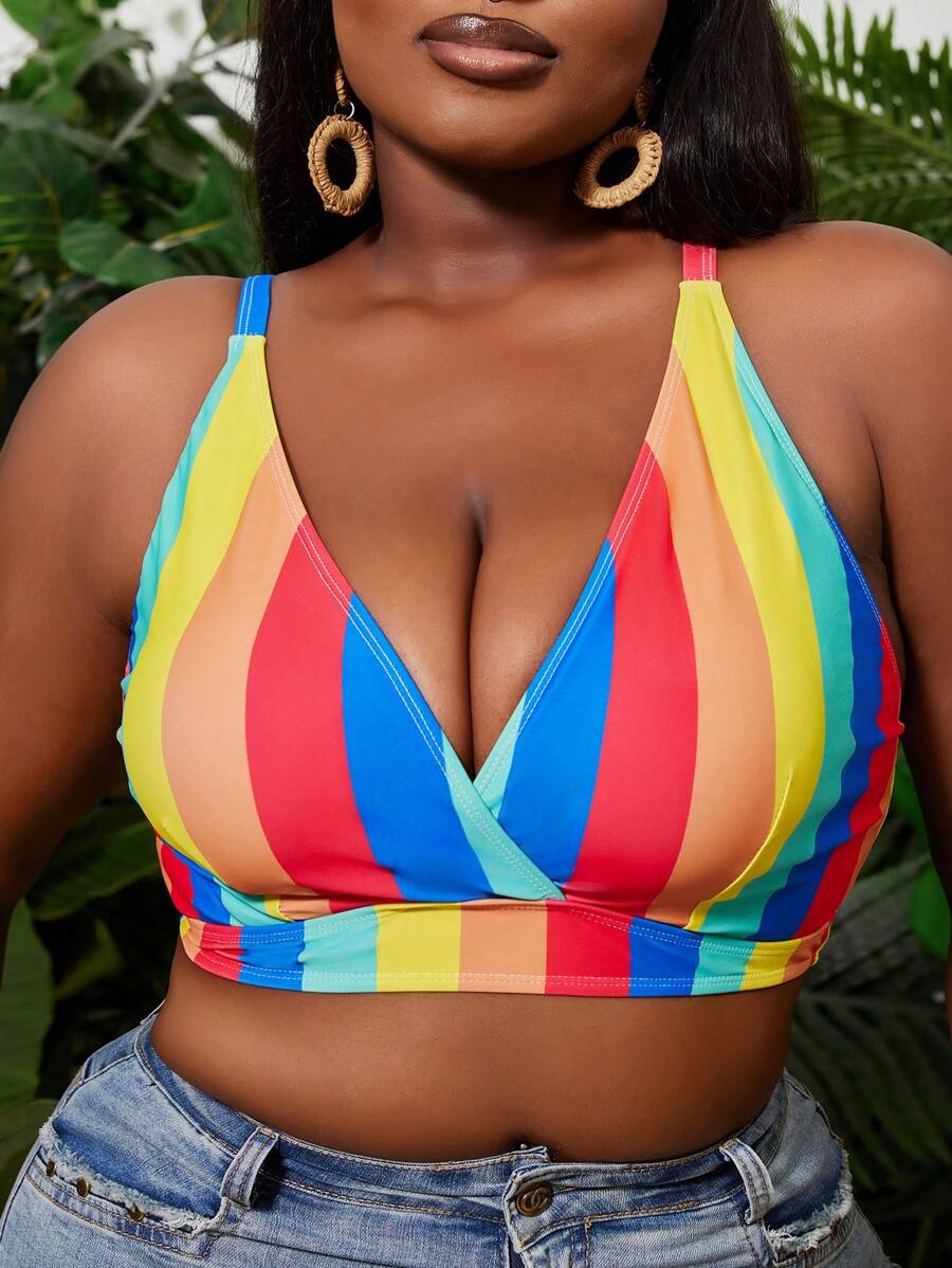 SHEIN Swim Curve Áo bikini sọc gợi cảm cho phụ nữ ngoại cỡ khi đi nghỉ ở bãi biển mùa hè - Nhiều màu - Xem 1