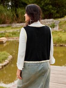 SHEIN MOD 大码 V 领黑色复古钩针 3D 花朵复古开衫毛衣背心