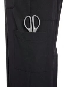 TaskEZ 2pcs Women Healthcare Uniform - Solid Color V-Neck Blouse & Slit Long Pants, Scrub Sets - Black - View 9