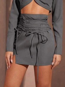SHEIN BAE Minifalda sexy con decoración de abertura, de cintura alta, corte ceñido y ajustable, de estilo versátil de calle, en color caqui, para mujer - Gris Oscuro - Ver 1