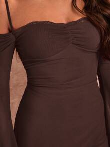 SHEIN BAE Summer Sexy  Lace Panel Sheer Sleeve Mini Dress - Coffee Brown - View 7