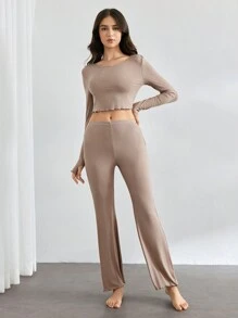 Ocili 女士纯色简约休闲长袖上衣和裤子家居服套装，适合假日、秋冬季节穿着 - 卡其色 - 查看 7