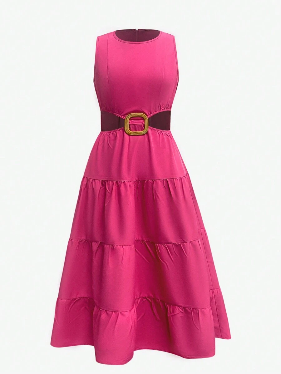 Chiquease Women's Round Neck Sleeveless Ruffle Hem Casual Comfortable Chic Dress - Hot Pink - View 1