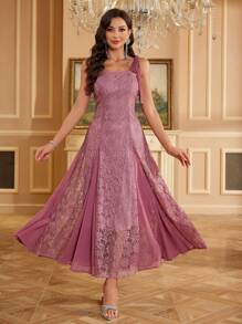 SHEIN Belle 大码时尚修身蕾丝网纱拼接舞会礼服