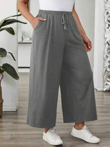 EMERY ROSE Plus Size Women's Solid Color Drawstring Wide Leg Loose Casual Summer Outfits Pants Fall - Grey - View 6