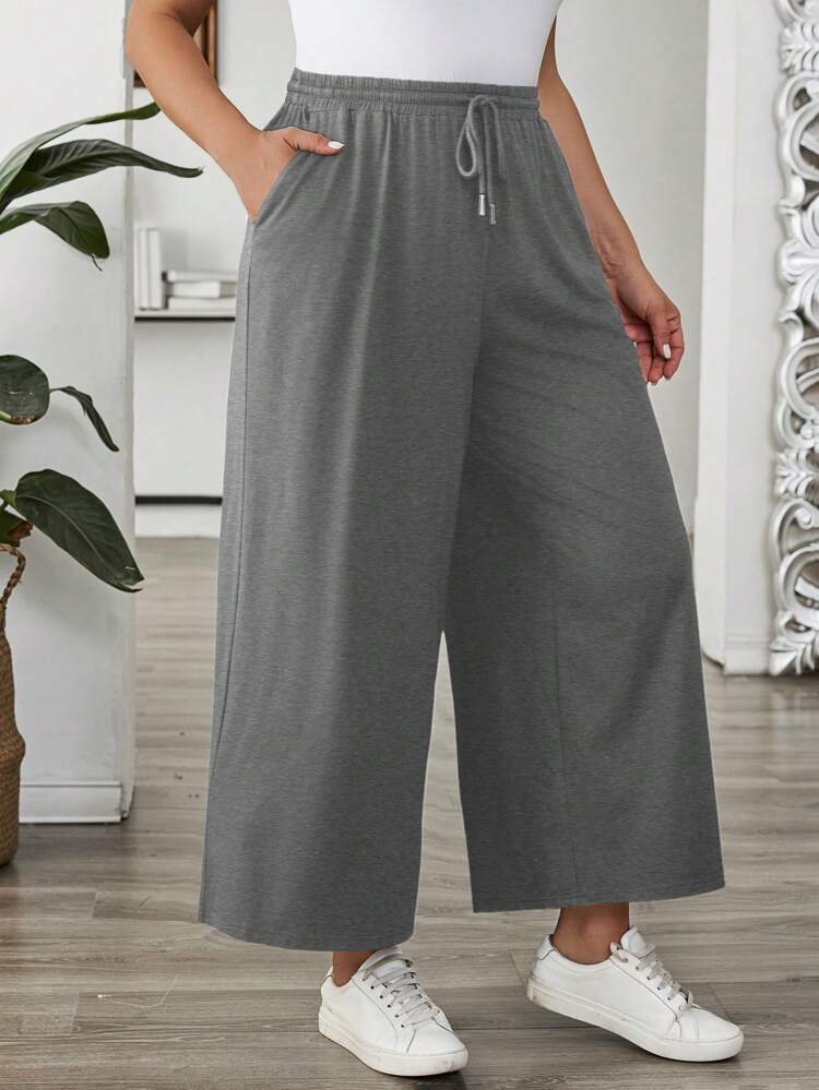 Plus Size Women's Solid Color Drawstring Wide Leg Loose Casual Summer Outfits Pants