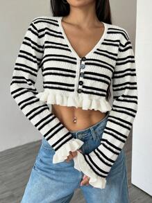 Flirla Women's Spring And Autumn Casual Contrast Striped Ruffled Short Cardigan - Black and White - View 1