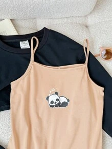 SHEIN 2 件套 Tween 女童纯色运动衫和熊猫印花吊带连衣裙休闲套装 - 黑色 - 查看 5