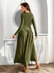 SHEIN Privé 1 pieza Vestido largo de manga larga de verde oliva, de cuello redondo, ajustado y elegante para mujer - Verde militar - Ver 3