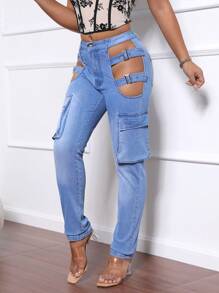 SHEIN SXY Enfärgade enkla, slitna Casual Jeans för kvinnor - Blå - Visa 1