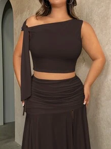 SHEIN BAE Bộ đồ mùa hè sành điệu dành cho nữ cỡ lớn, gồm áo dệt kim và chân váy xẻ tà, trang phục thường ngày. - Cà phê nâu - Xem 3