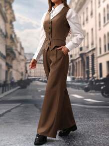 SHEIN X Angie Costa Chiquease Women's Solid Color V-Neck Single-Breasted Vest And Pants Casual Suit, Spring Summer - Brown - View 7