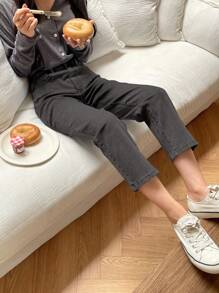 DAZY 纯色休闲直筒牛仔裤，有口袋 - 深灰色 - 查看 3